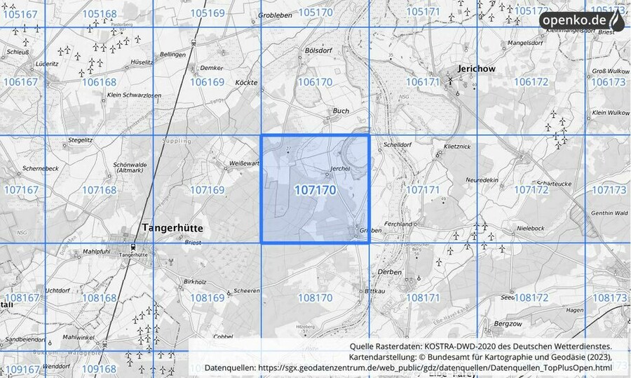 Übersichtskarte des KOSTRA-DWD-2020-Rasterfeldes Nr. 107170