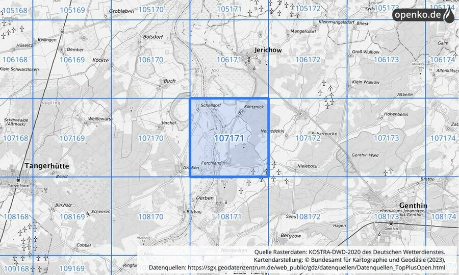 Übersichtskarte des KOSTRA-DWD-2020-Rasterfeldes Nr. 107171