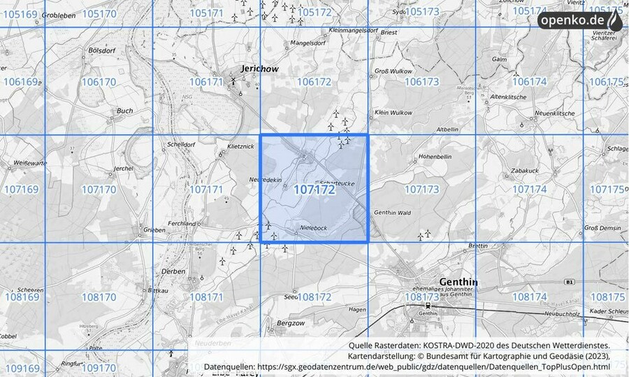 Übersichtskarte des KOSTRA-DWD-2020-Rasterfeldes Nr. 107172