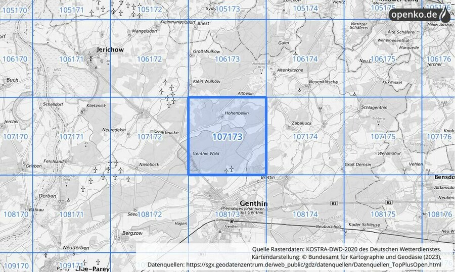 Übersichtskarte des KOSTRA-DWD-2020-Rasterfeldes Nr. 107173