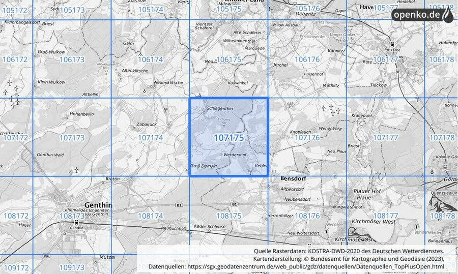 Übersichtskarte des KOSTRA-DWD-2020-Rasterfeldes Nr. 107175