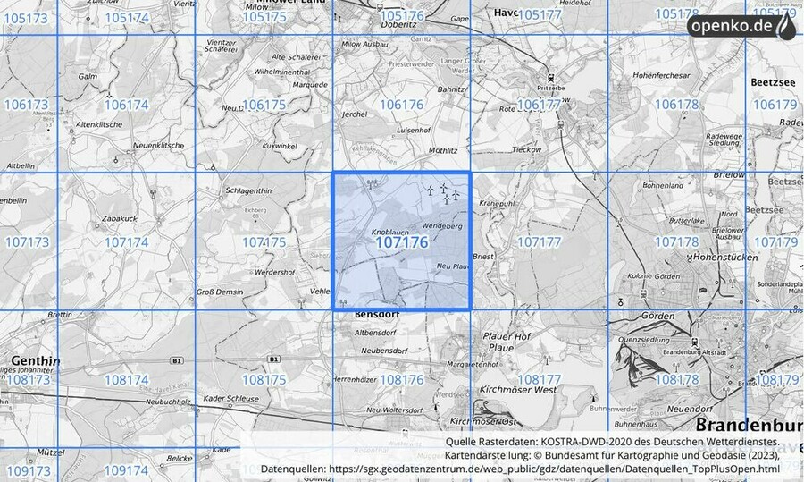 Übersichtskarte des KOSTRA-DWD-2020-Rasterfeldes Nr. 107176