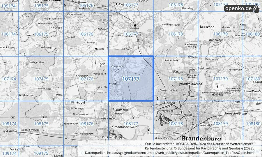 Übersichtskarte des KOSTRA-DWD-2020-Rasterfeldes Nr. 107177