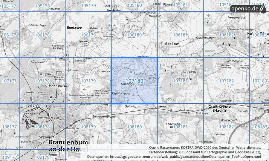 Übersichtskarte des KOSTRA-DWD-2020-Rasterfeldes Nr. 107180