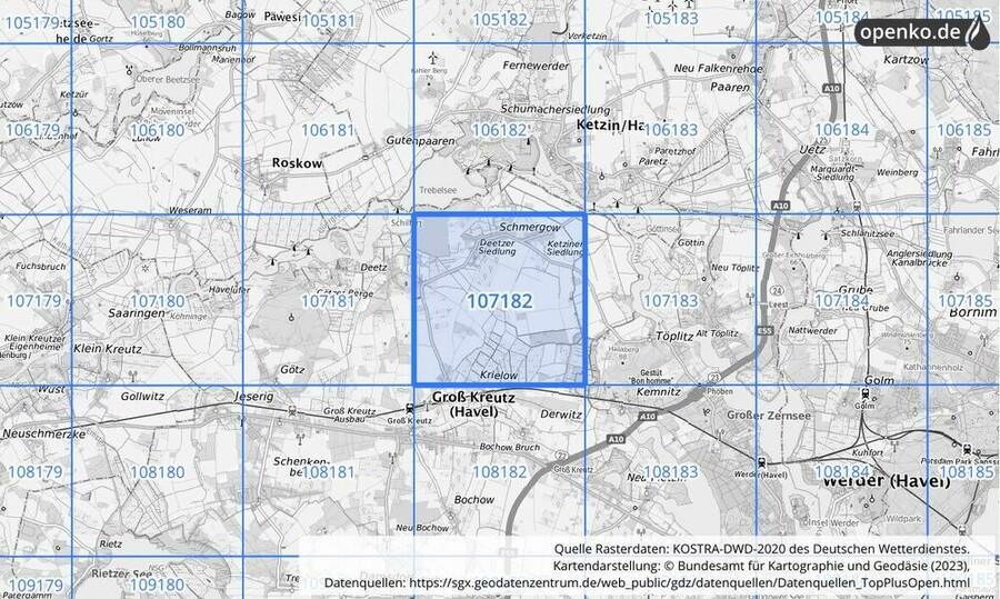 Übersichtskarte des KOSTRA-DWD-2020-Rasterfeldes Nr. 107182