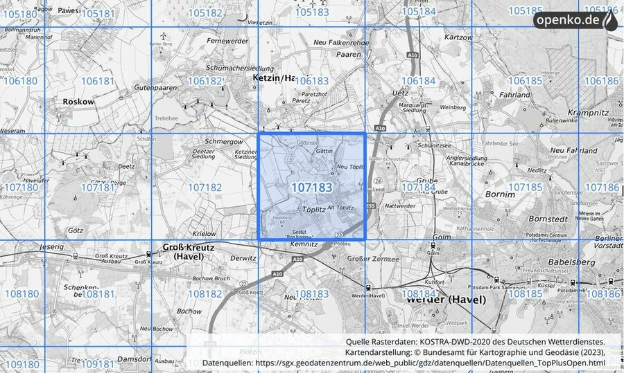 Übersichtskarte des KOSTRA-DWD-2020-Rasterfeldes Nr. 107183