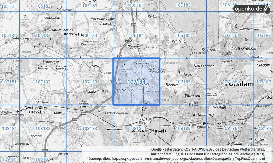 Übersichtskarte des KOSTRA-DWD-2020-Rasterfeldes Nr. 107184