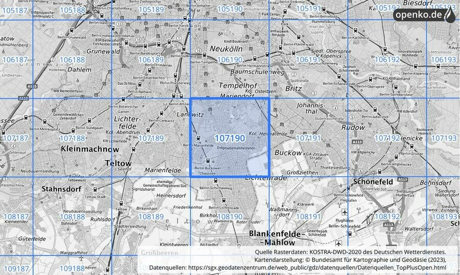 Übersichtskarte des KOSTRA-DWD-2020-Rasterfeldes Nr. 107190