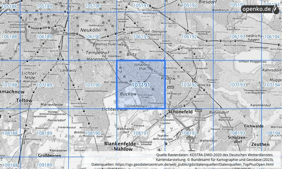 Übersichtskarte des KOSTRA-DWD-2020-Rasterfeldes Nr. 107191