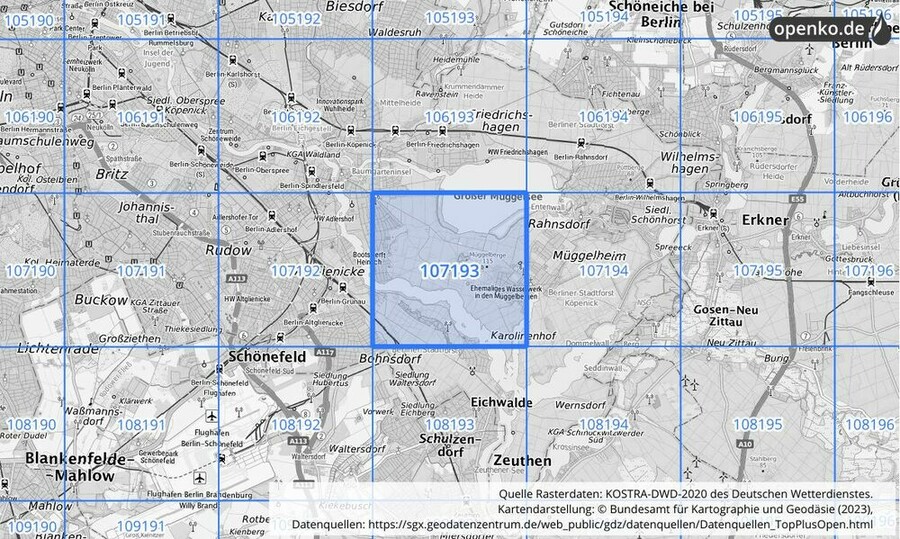 Übersichtskarte des KOSTRA-DWD-2020-Rasterfeldes Nr. 107193