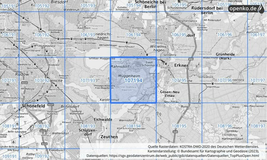 Übersichtskarte des KOSTRA-DWD-2020-Rasterfeldes Nr. 107194