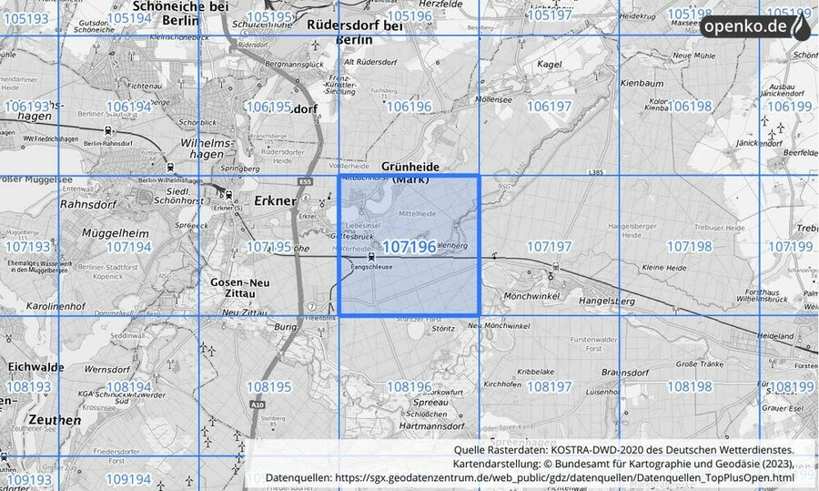 Übersichtskarte des KOSTRA-DWD-2020-Rasterfeldes Nr. 107196