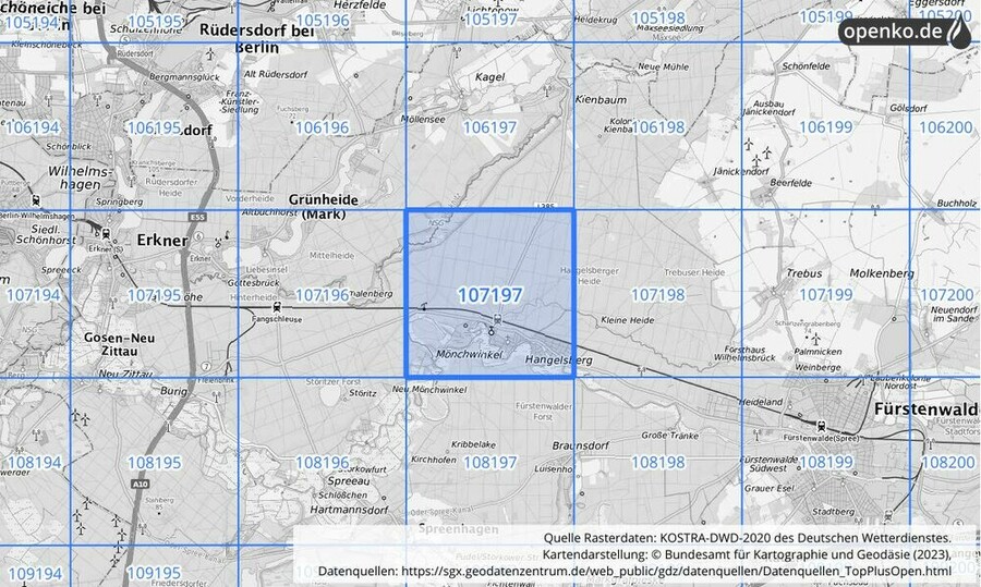 Übersichtskarte des KOSTRA-DWD-2020-Rasterfeldes Nr. 107197