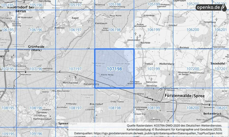 Übersichtskarte des KOSTRA-DWD-2020-Rasterfeldes Nr. 107198