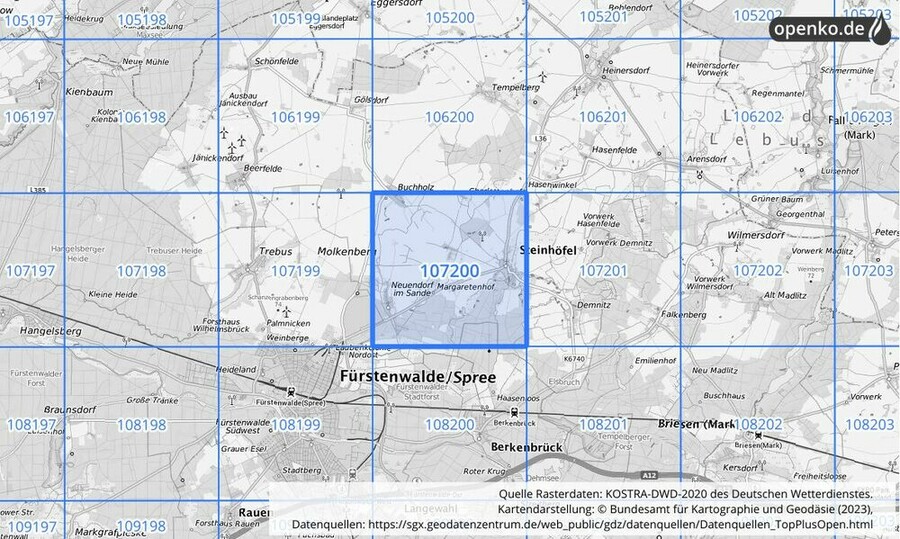 Übersichtskarte des KOSTRA-DWD-2020-Rasterfeldes Nr. 107200