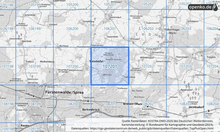 Übersichtskarte des KOSTRA-DWD-2020-Rasterfeldes Nr. 107201