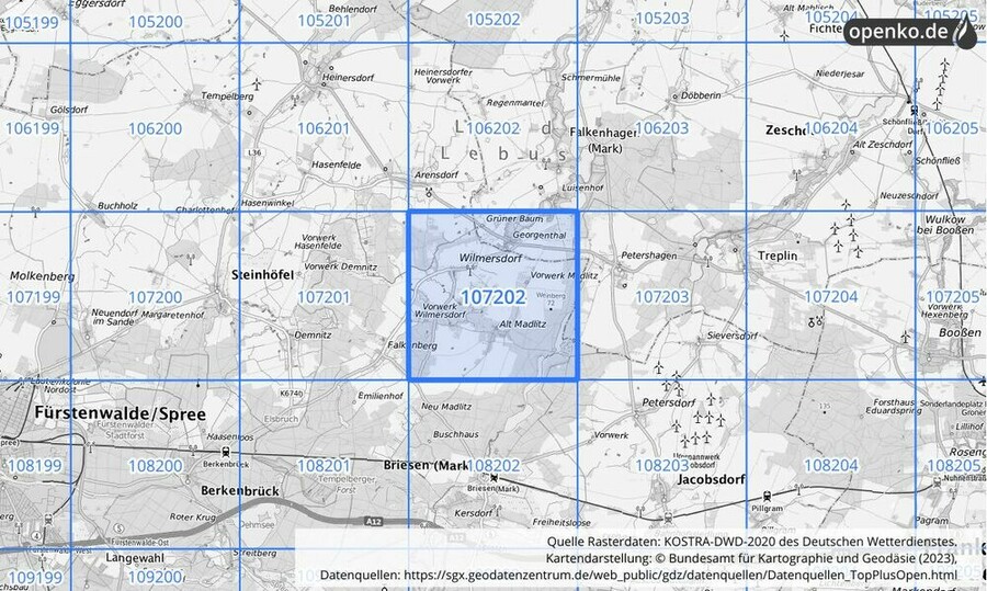 Übersichtskarte des KOSTRA-DWD-2020-Rasterfeldes Nr. 107202