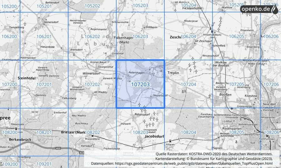 Übersichtskarte des KOSTRA-DWD-2020-Rasterfeldes Nr. 107203