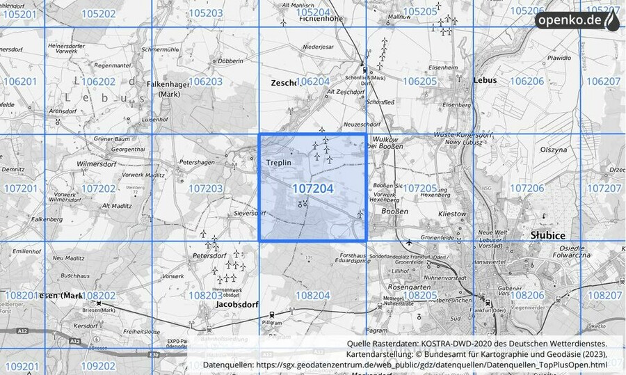 Übersichtskarte des KOSTRA-DWD-2020-Rasterfeldes Nr. 107204