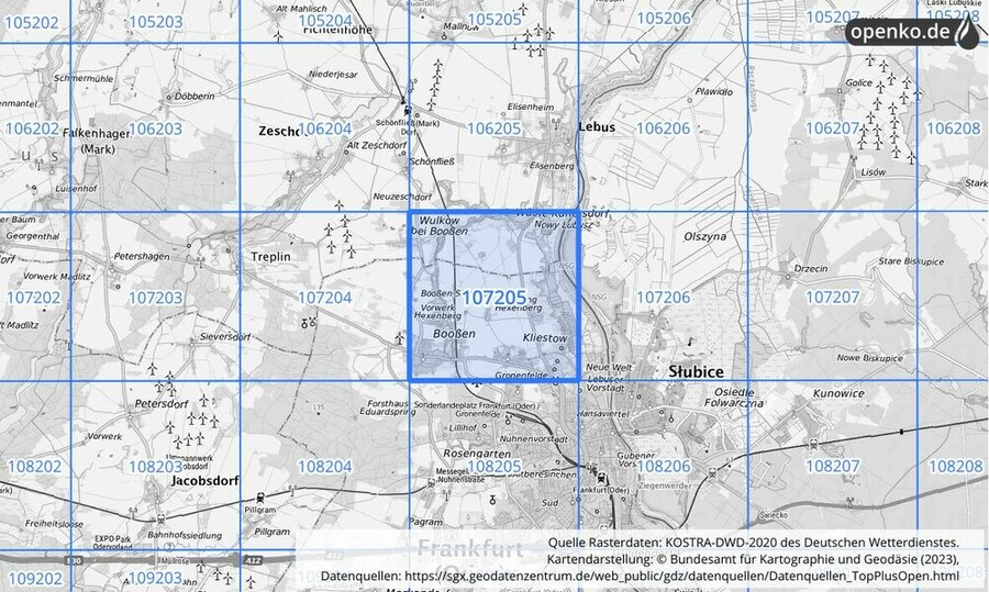 Übersichtskarte des KOSTRA-DWD-2020-Rasterfeldes Nr. 107205