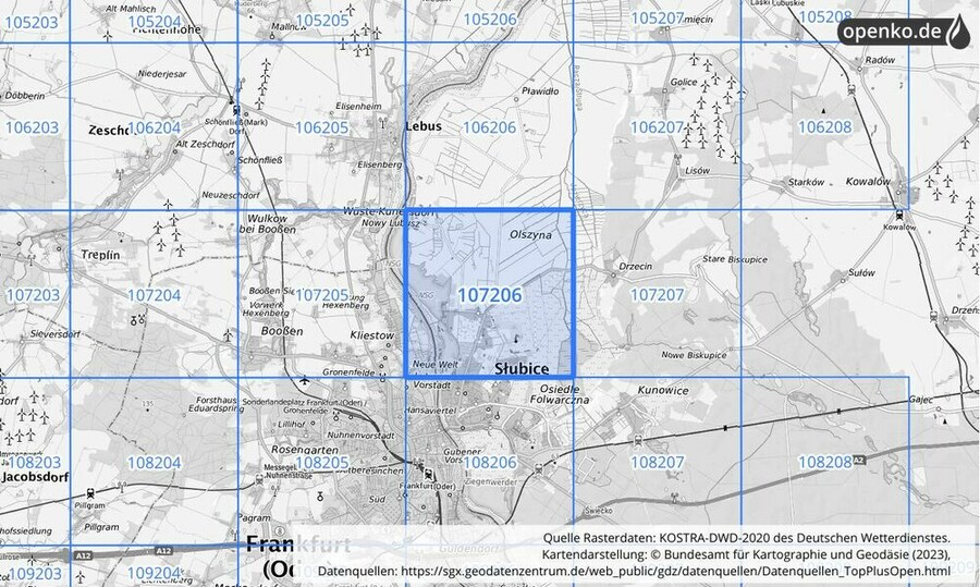 Übersichtskarte des KOSTRA-DWD-2020-Rasterfeldes Nr. 107206