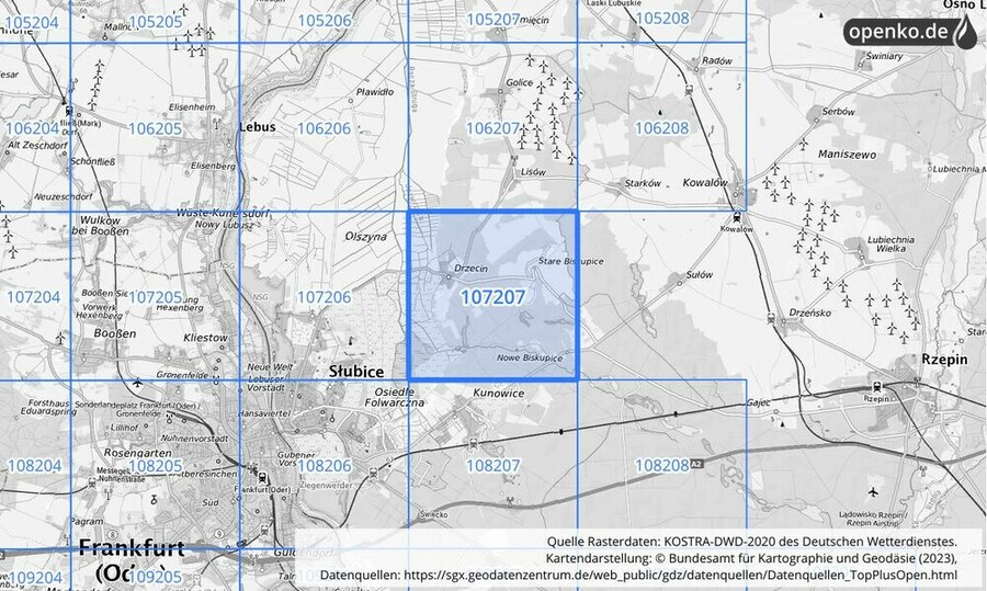 Übersichtskarte des KOSTRA-DWD-2020-Rasterfeldes Nr. 107207