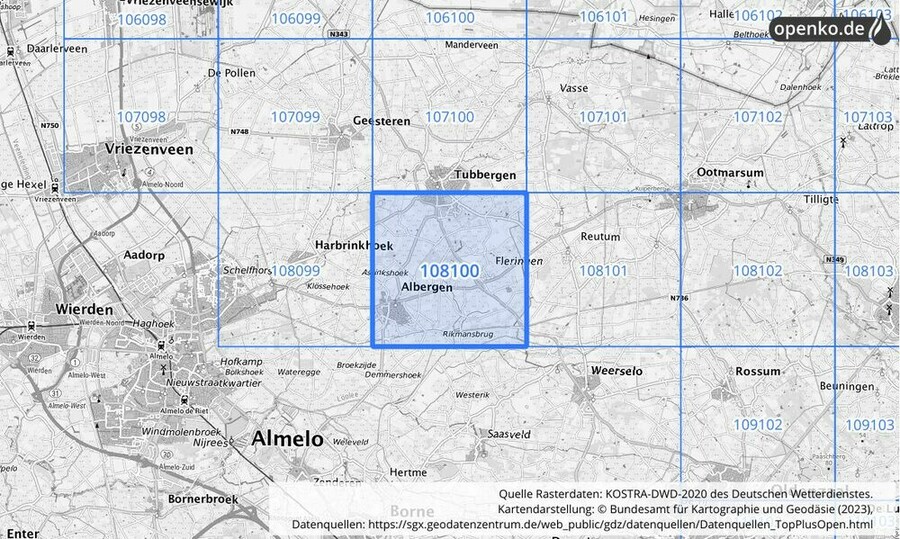 Übersichtskarte des KOSTRA-DWD-2020-Rasterfeldes Nr. 108100