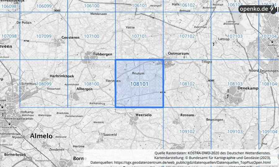 Übersichtskarte des KOSTRA-DWD-2020-Rasterfeldes Nr. 108101