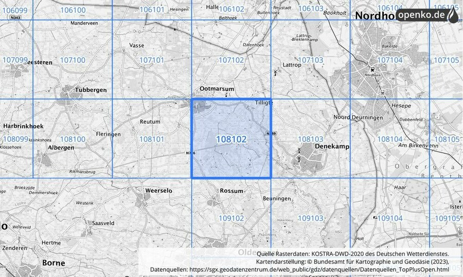 Übersichtskarte des KOSTRA-DWD-2020-Rasterfeldes Nr. 108102