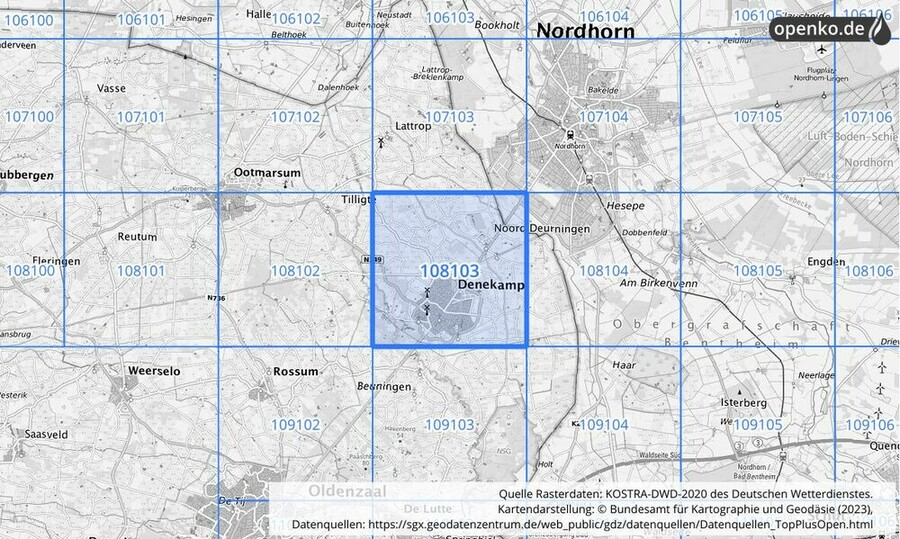 Übersichtskarte des KOSTRA-DWD-2020-Rasterfeldes Nr. 108103