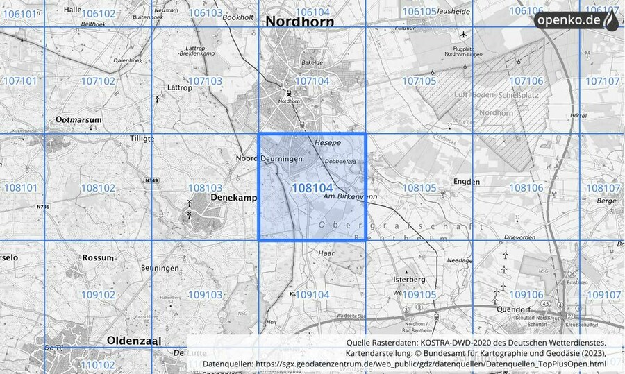 Übersichtskarte des KOSTRA-DWD-2020-Rasterfeldes Nr. 108104