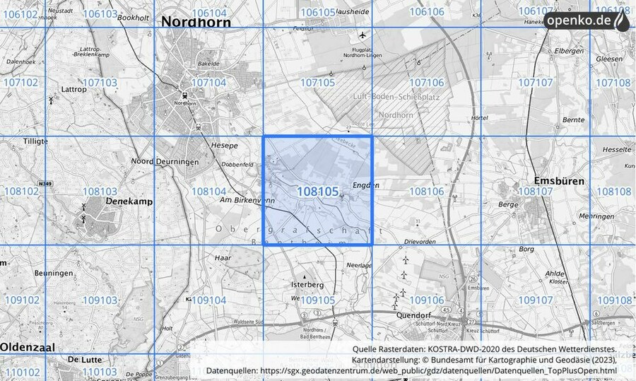 Übersichtskarte des KOSTRA-DWD-2020-Rasterfeldes Nr. 108105