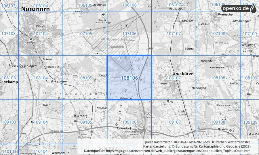 Übersichtskarte des KOSTRA-DWD-2020-Rasterfeldes Nr. 108106