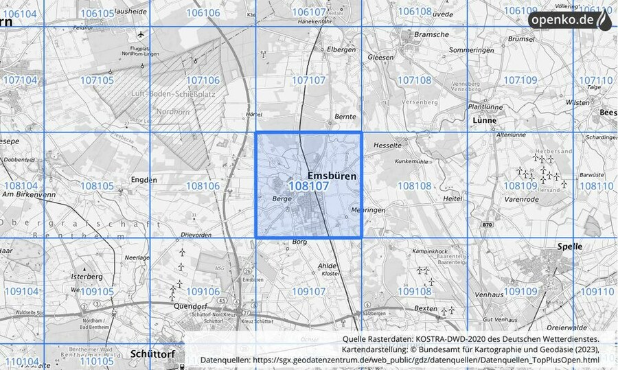 Übersichtskarte des KOSTRA-DWD-2020-Rasterfeldes Nr. 108107