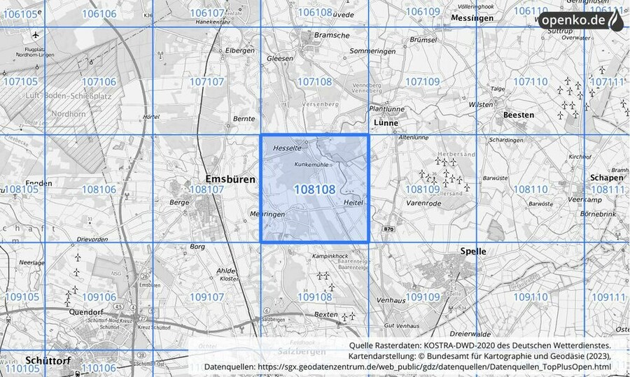 Übersichtskarte des KOSTRA-DWD-2020-Rasterfeldes Nr. 108108