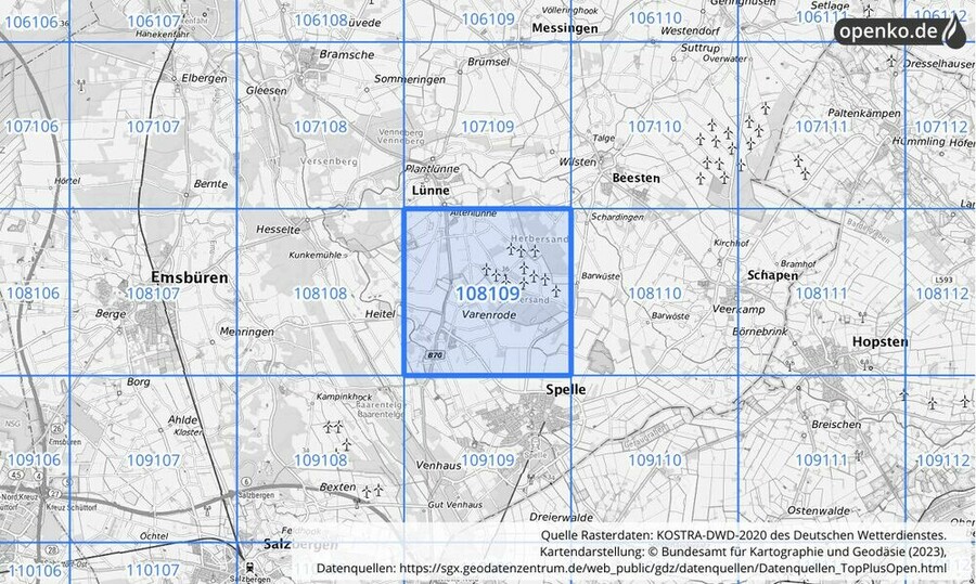 Übersichtskarte des KOSTRA-DWD-2020-Rasterfeldes Nr. 108109