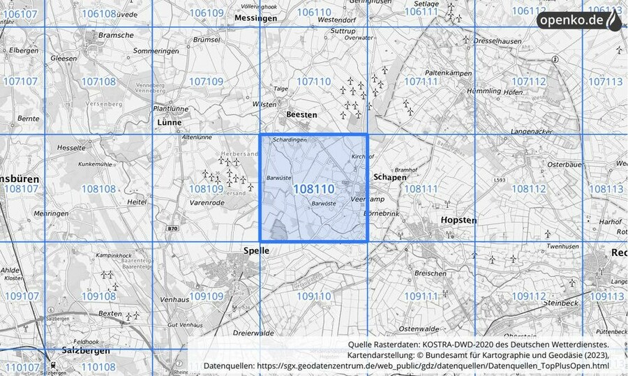 Übersichtskarte des KOSTRA-DWD-2020-Rasterfeldes Nr. 108110