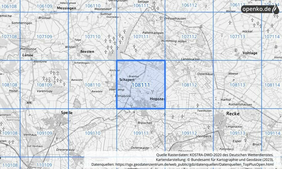 Übersichtskarte des KOSTRA-DWD-2020-Rasterfeldes Nr. 108111