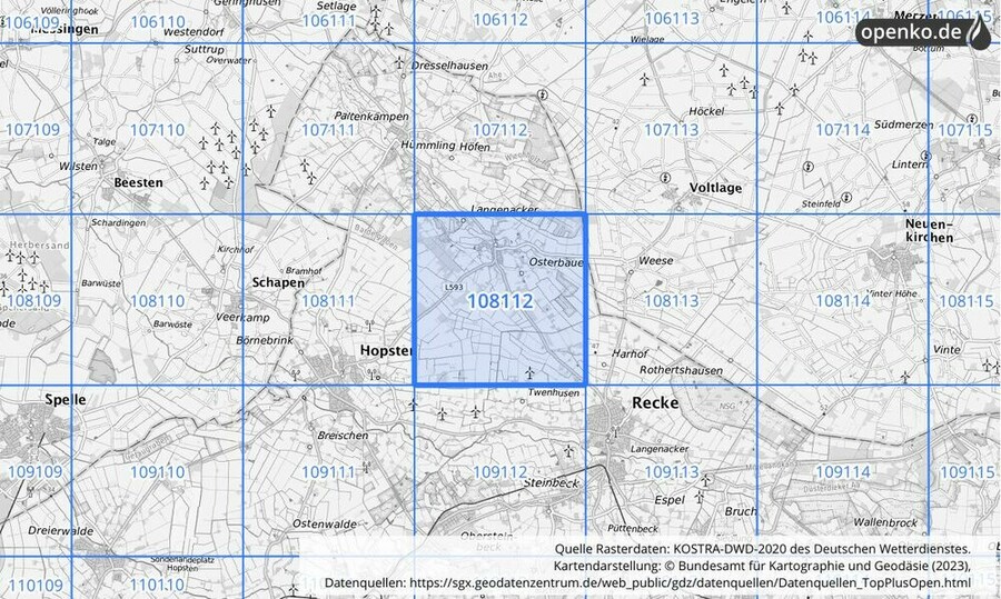 Übersichtskarte des KOSTRA-DWD-2020-Rasterfeldes Nr. 108112