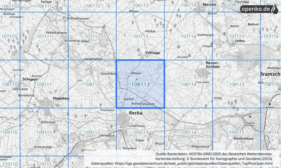 Übersichtskarte des KOSTRA-DWD-2020-Rasterfeldes Nr. 108113