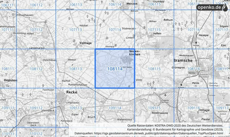 Übersichtskarte des KOSTRA-DWD-2020-Rasterfeldes Nr. 108114