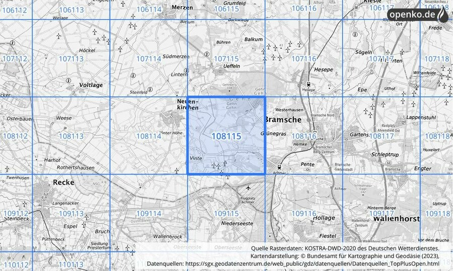 Übersichtskarte des KOSTRA-DWD-2020-Rasterfeldes Nr. 108115