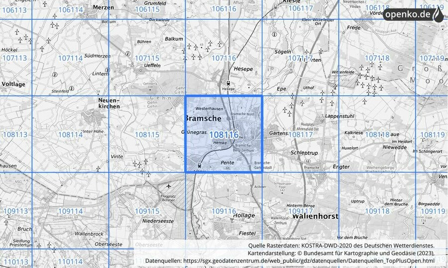 Übersichtskarte des KOSTRA-DWD-2020-Rasterfeldes Nr. 108116