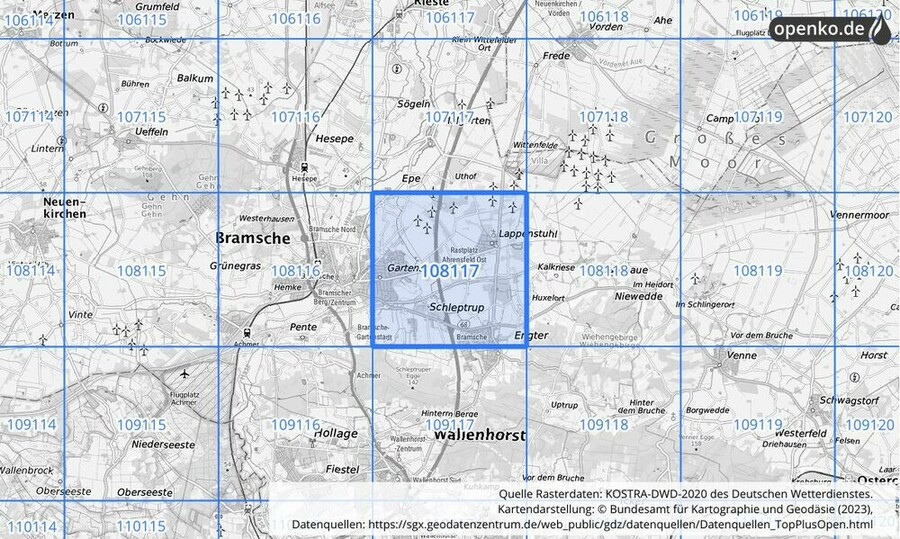 Übersichtskarte des KOSTRA-DWD-2020-Rasterfeldes Nr. 108117