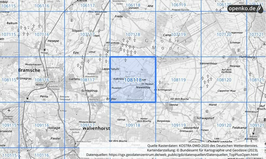 Übersichtskarte des KOSTRA-DWD-2020-Rasterfeldes Nr. 108118