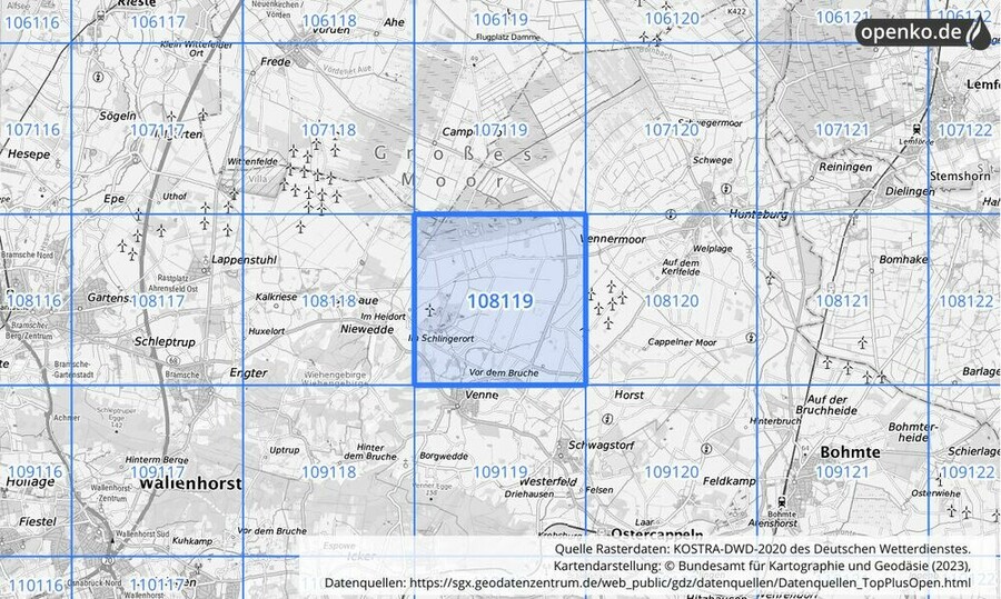 Übersichtskarte des KOSTRA-DWD-2020-Rasterfeldes Nr. 108119