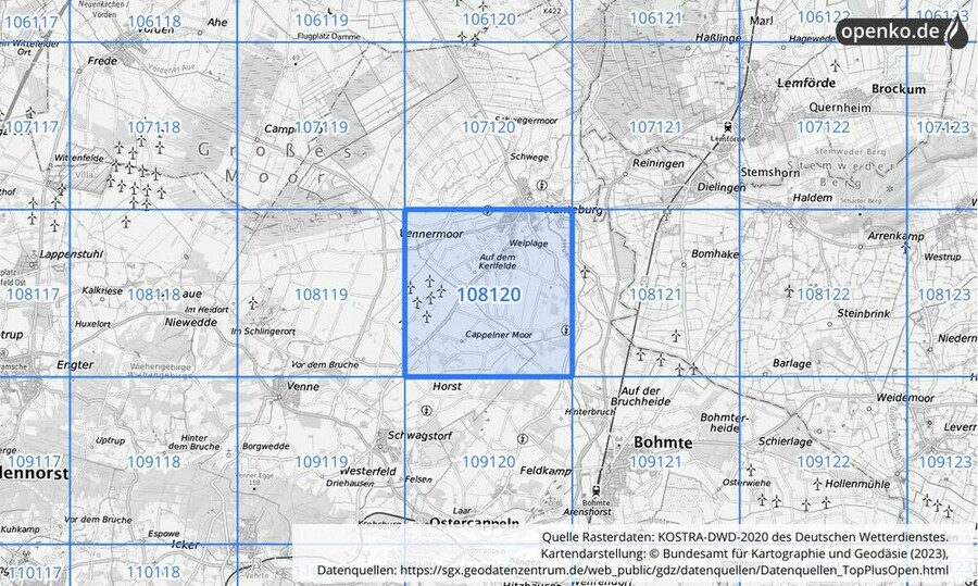 Übersichtskarte des KOSTRA-DWD-2020-Rasterfeldes Nr. 108120