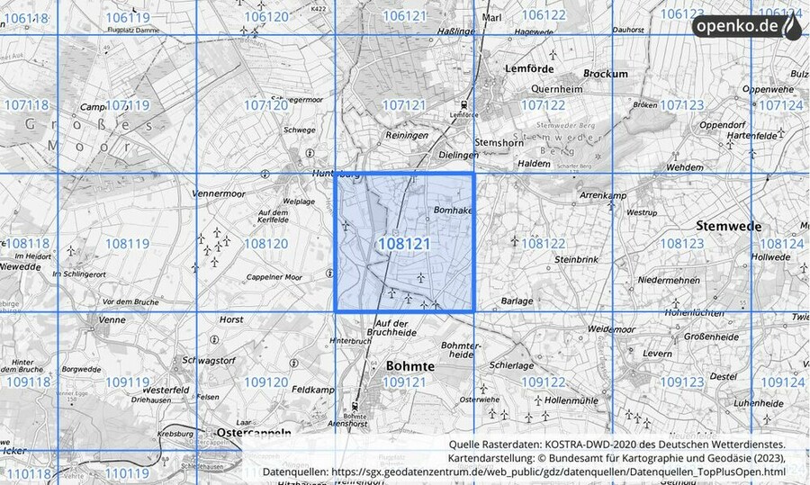 Übersichtskarte des KOSTRA-DWD-2020-Rasterfeldes Nr. 108121