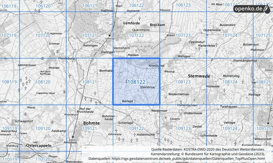 Übersichtskarte des KOSTRA-DWD-2020-Rasterfeldes Nr. 108122