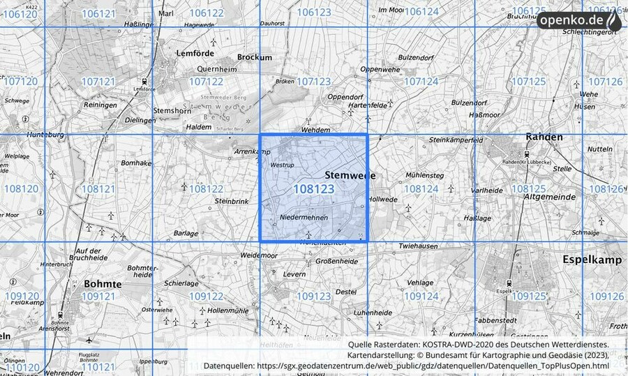 Übersichtskarte des KOSTRA-DWD-2020-Rasterfeldes Nr. 108123